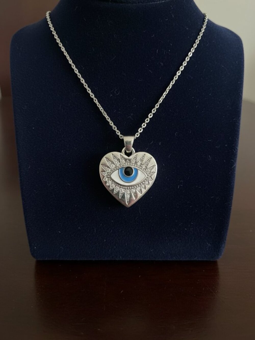 Evil Eye Cubic Zirconia Heart Pendant Titanium-Plated Silver Necklace